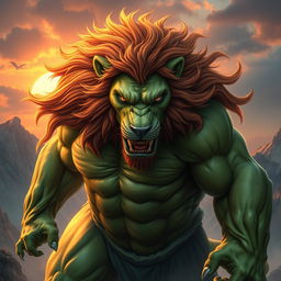 A powerful and majestic creature that merges the incredible strength of the Hulk and the fierce grace of a lion