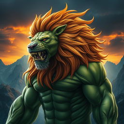 A powerful and majestic creature that merges the incredible strength of the Hulk and the fierce grace of a lion