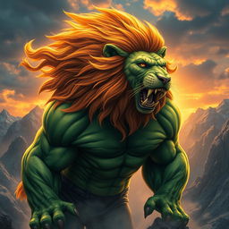 A powerful and majestic creature that merges the incredible strength of the Hulk and the fierce grace of a lion