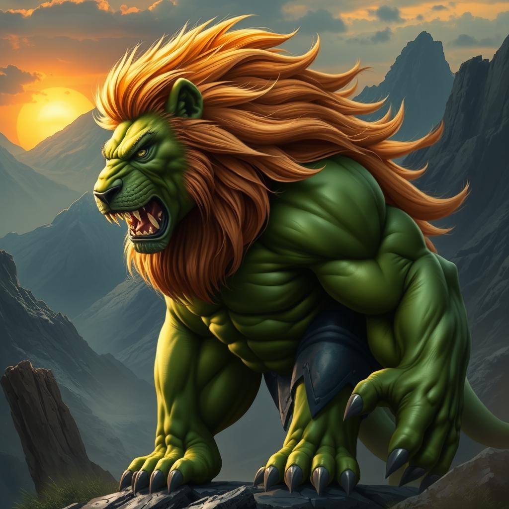 A powerful and majestic creature that merges the incredible strength of the Hulk and the fierce grace of a lion