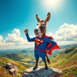 A whimsical and comedic scene featuring a donkey dressed as Superman, complete with a blue suit, red cape, and emblem on the chest