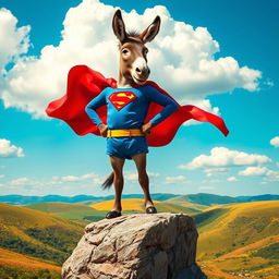 A whimsical and comedic scene featuring a donkey dressed as Superman, complete with a blue suit, red cape, and emblem on the chest