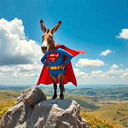 A whimsical and comedic scene featuring a donkey dressed as Superman, complete with a blue suit, red cape, and emblem on the chest
