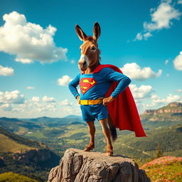 A whimsical and comedic scene featuring a donkey dressed as Superman, complete with a blue suit, red cape, and emblem on the chest