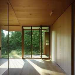 An interior design of a room with two large windows allowing plentiful daylight in, and one wooden door.