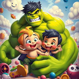 A fantastical and playful scene depicting a vibrant, cartoonish fusion of the Hulk and a cute, playful child-like character