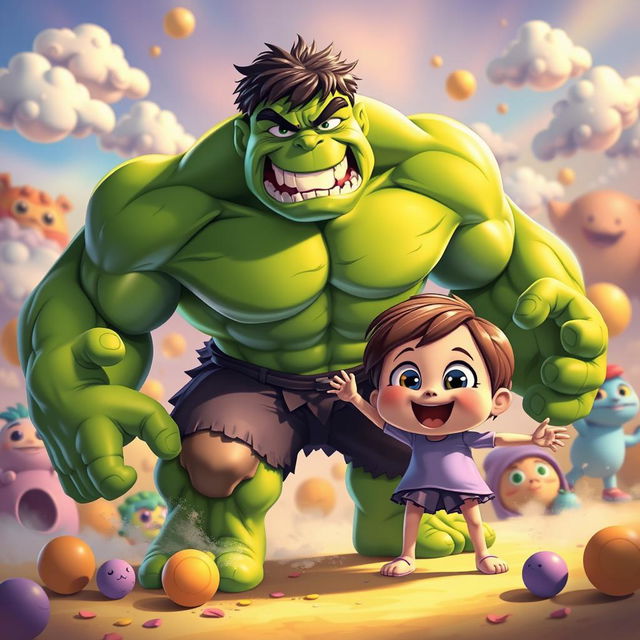 A fantastical and playful scene depicting a vibrant, cartoonish fusion of the Hulk and a cute, playful child-like character