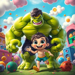 A fantastical and playful scene depicting a vibrant, cartoonish fusion of the Hulk and a cute, playful child-like character