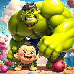 A fantastical and playful scene depicting a vibrant, cartoonish fusion of the Hulk and a cute, playful child-like character