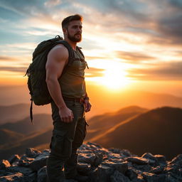 A masculine figure standing confidently on a mountaintop at sunrise, wearing rugged outdoor clothing and a backpack