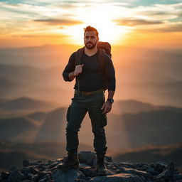 A masculine figure standing confidently on a mountaintop at sunrise, wearing rugged outdoor clothing and a backpack