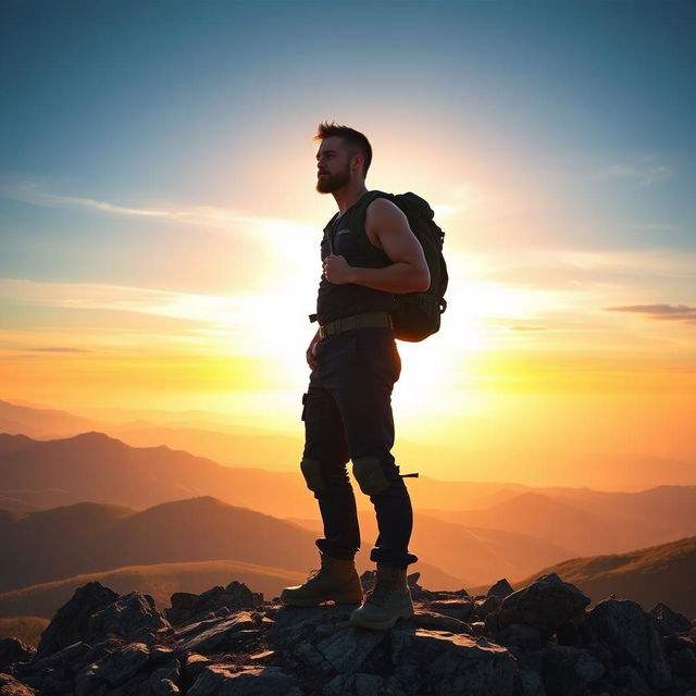 A masculine figure standing confidently on a mountaintop at sunrise, wearing rugged outdoor clothing and a backpack