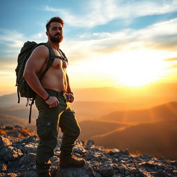 A masculine figure standing confidently on a mountaintop at sunrise, wearing rugged outdoor clothing and a backpack