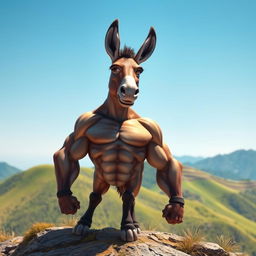 A powerful, heroic-looking donkey, standing confidently on a hilltop