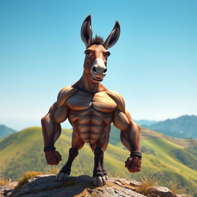 A powerful, heroic-looking donkey, standing confidently on a hilltop