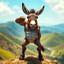 A powerful, heroic-looking donkey, standing confidently on a hilltop