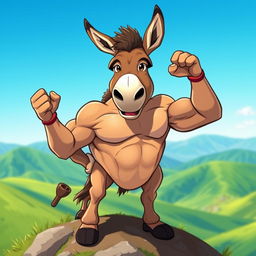 A powerful, heroic-looking donkey, standing confidently on a hilltop