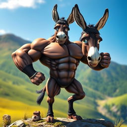 A powerful, heroic-looking donkey, standing confidently on a hilltop