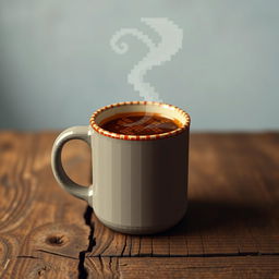A steaming mug of pixelated coffee, intricately designed in a pixel art style, placed on a rustic wooden table