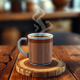 A steaming mug of pixelated coffee, intricately designed in a pixel art style, placed on a rustic wooden table