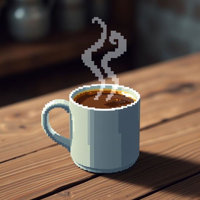 A steaming mug of pixelated coffee, intricately designed in a pixel art style, placed on a rustic wooden table