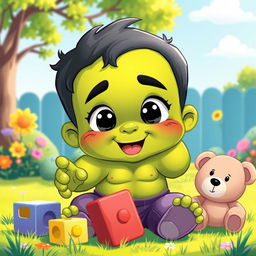 A whimsical illustration of the Hulk transforming into a cute baby version of himself