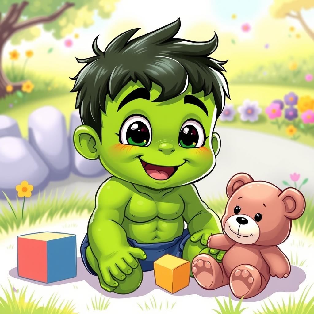 A whimsical illustration of the Hulk transforming into a cute baby version of himself