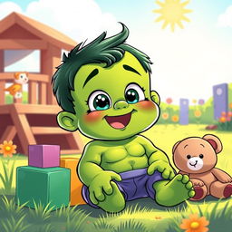 A whimsical illustration of the Hulk transforming into a cute baby version of himself