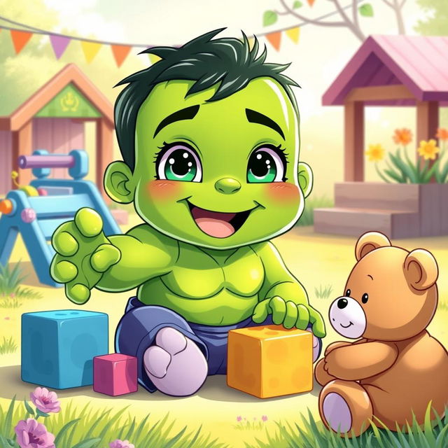 A whimsical illustration of the Hulk transforming into a cute baby version of himself