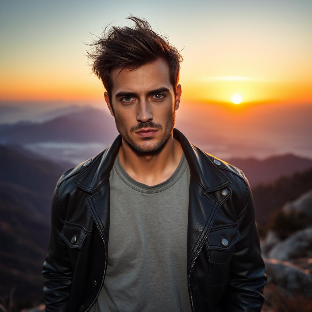 A rugged and charismatic man, with tousled dark hair and a well-defined jawline, standing confidently on a mountainside