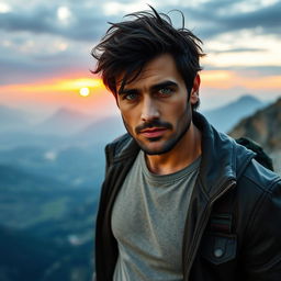 A rugged and charismatic man, with tousled dark hair and a well-defined jawline, standing confidently on a mountainside