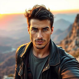 A rugged and charismatic man, with tousled dark hair and a well-defined jawline, standing confidently on a mountainside