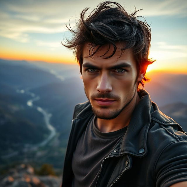 A rugged and charismatic man, with tousled dark hair and a well-defined jawline, standing confidently on a mountainside