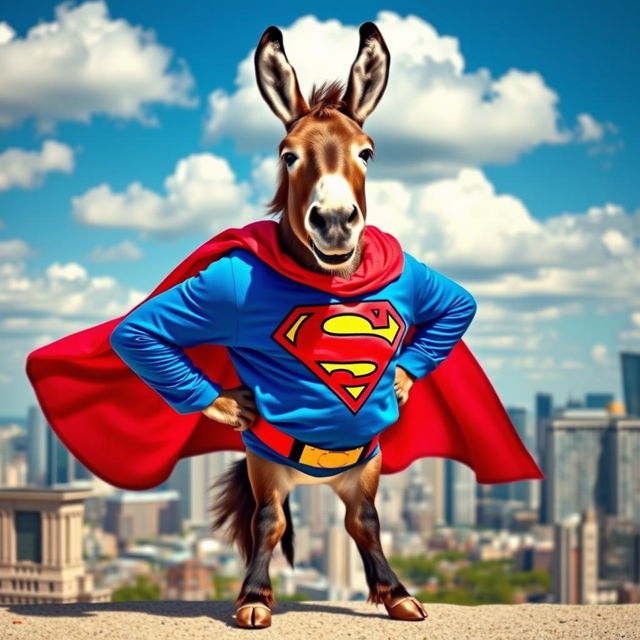 A donkey dressed as Superman, featuring a bright blue suit with a red cape fluttering dramatically behind it