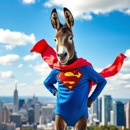A donkey dressed as Superman, featuring a bright blue suit with a red cape fluttering dramatically behind it