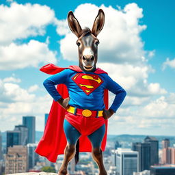 A donkey dressed as Superman, featuring a bright blue suit with a red cape fluttering dramatically behind it