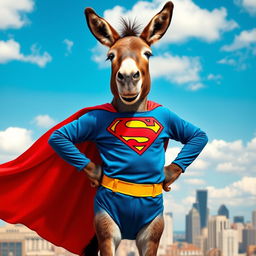 A donkey dressed as Superman, featuring a bright blue suit with a red cape fluttering dramatically behind it