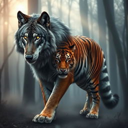An artistic representation of a transformation scene depicting a wolf morphing into a tiger