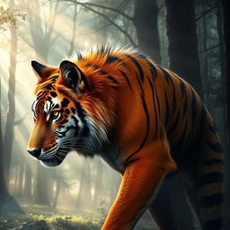 An artistic representation of a transformation scene depicting a wolf morphing into a tiger