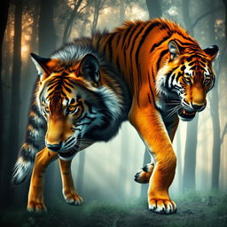 An artistic representation of a transformation scene depicting a wolf morphing into a tiger