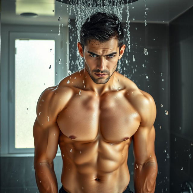 A strong, muscular man standing under a cold shower, the water cascading down his body creating an invigorating and refreshing scene