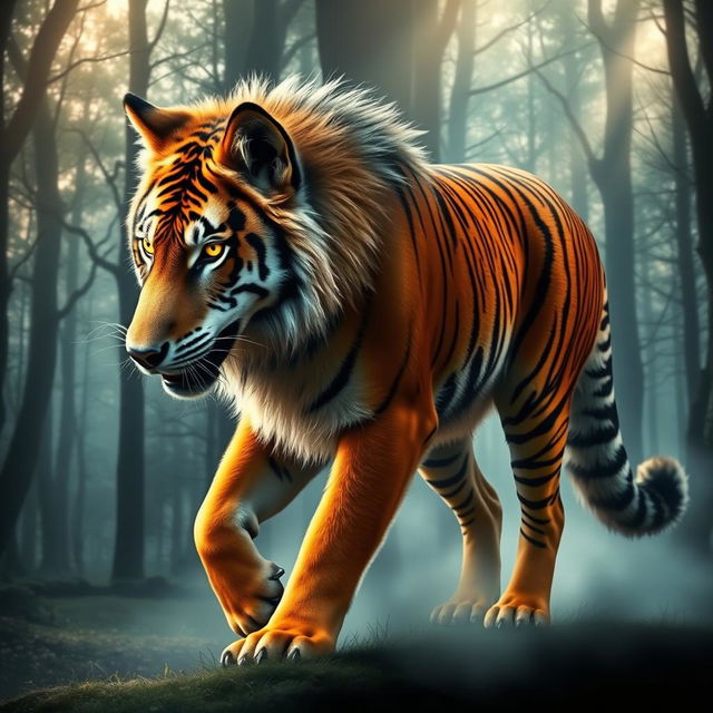 An artistic representation of a transformation scene depicting a wolf morphing into a tiger