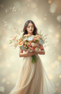 A serene and enchanting scene featuring a woman gracefully holding a bouquet of flowers that symbolize time, memories, and hopes