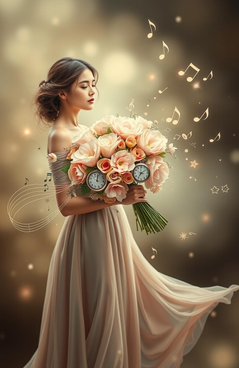 A serene and enchanting scene featuring a woman gracefully holding a bouquet of flowers that symbolize time, memories, and hopes