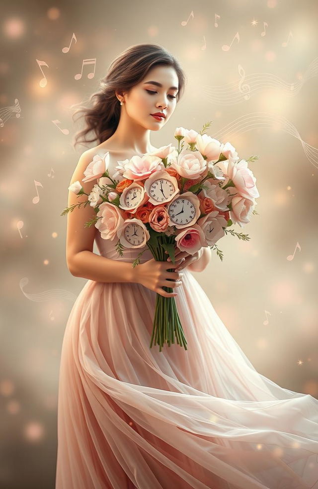 A serene and enchanting scene featuring a woman gracefully holding a bouquet of flowers that symbolize time, memories, and hopes