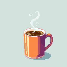 A steaming mug of pixelated coffee, vividly designed in a pixel art style