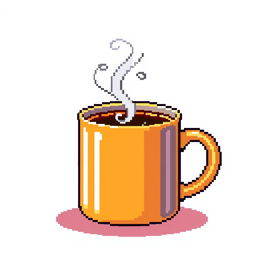 A steaming mug of pixelated coffee, vividly designed in a pixel art style