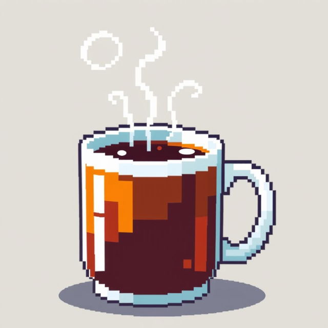 A steaming mug of pixelated coffee, vividly designed in a pixel art style