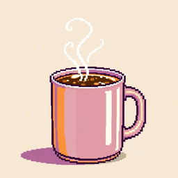 A steaming mug of pixelated coffee, vividly designed in a pixel art style