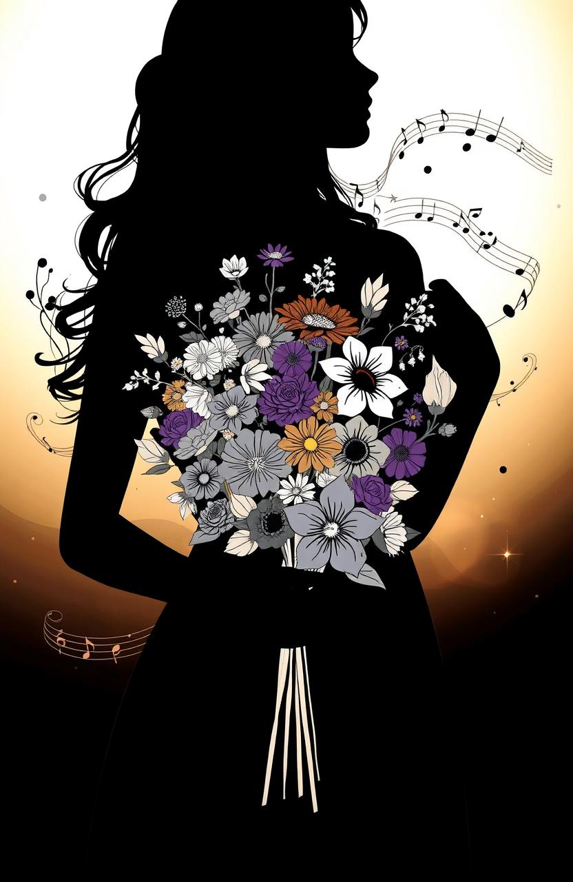 A captivating silhouette of a woman holding a bouquet of flowers symbolizing time, memories, and hopes